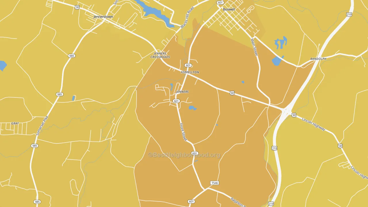 Map of the best neighborhoods in the Jenners area, with better matches in green and worse matches in red