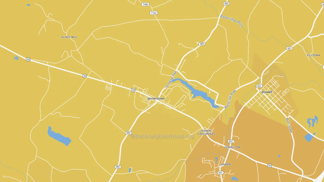 Map of the best neighborhoods in the Jennerstown area, with better matches in green and worse matches in red