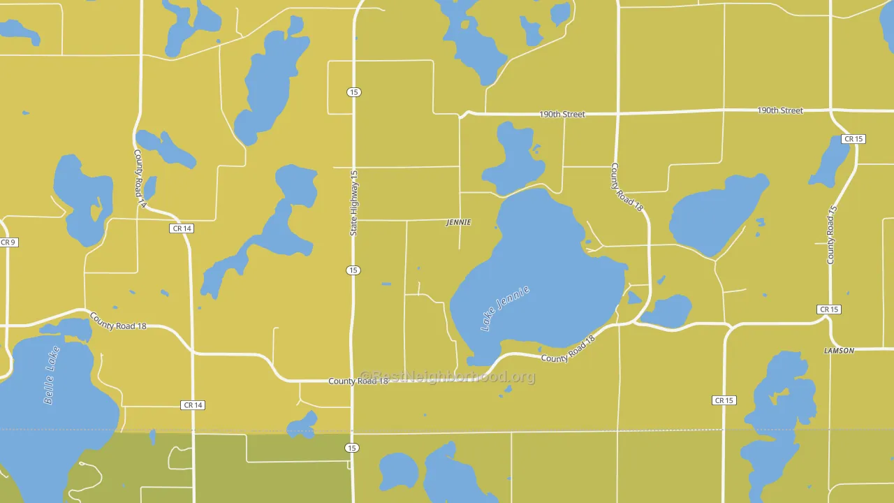Map of the best neighborhoods in the Jennie area, with better matches in green and worse matches in red