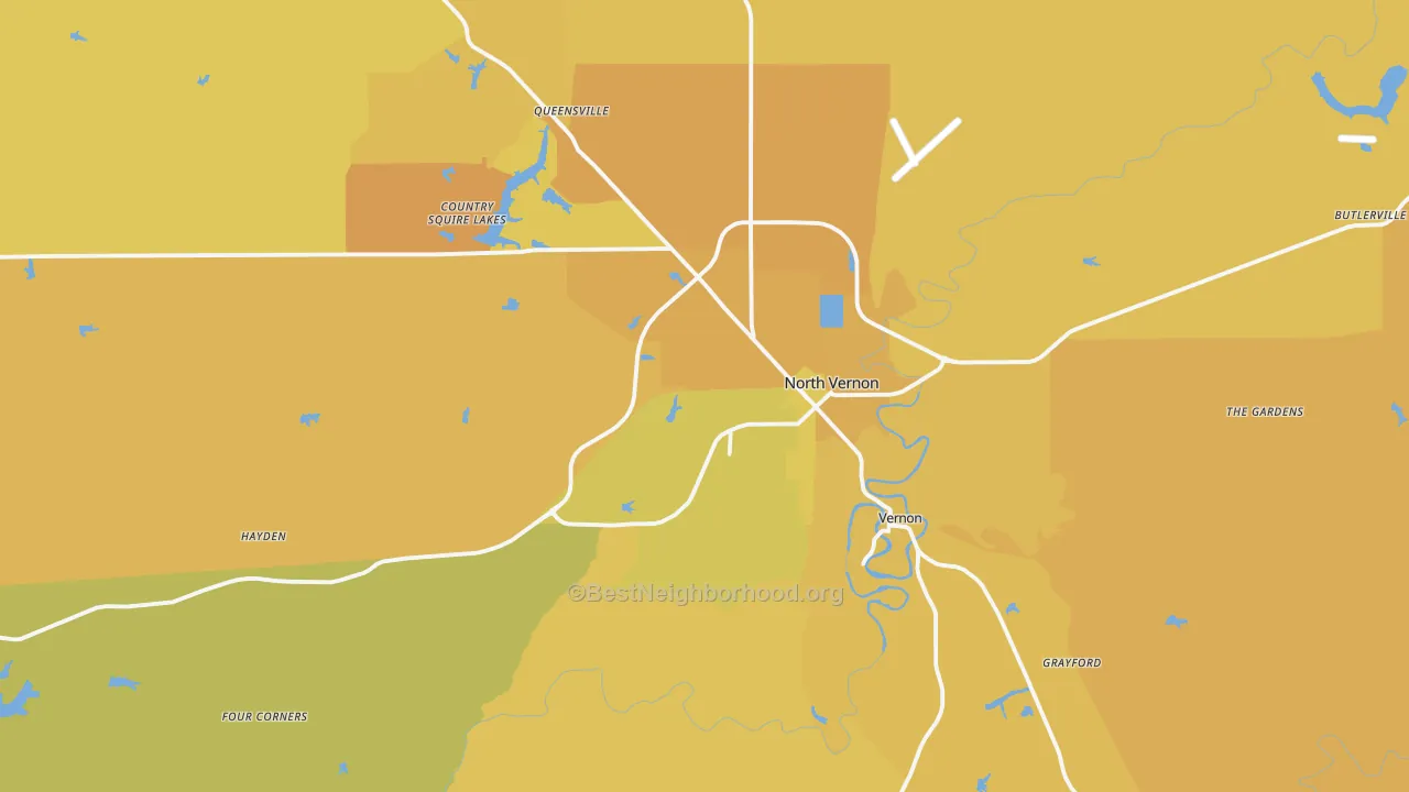 Map of the best neighborhoods in the Jennings County area, with better matches in green and worse matches in red