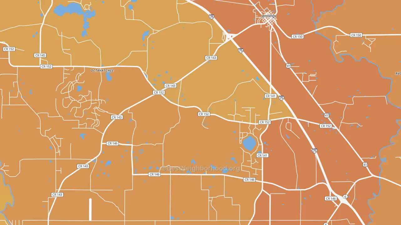 Map of the best neighborhoods in the Jennings area, with better matches in green and worse matches in red