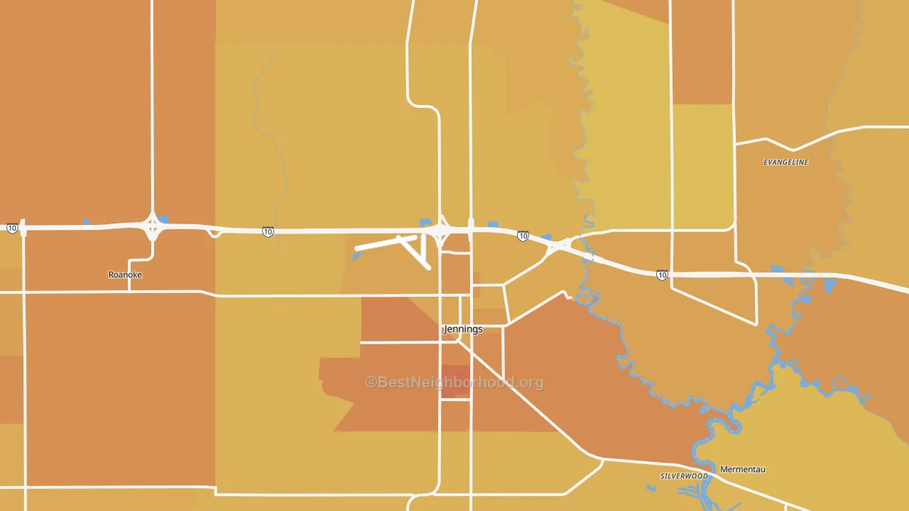 Map of the best neighborhoods in the Jennings area, with better matches in green and worse matches in red