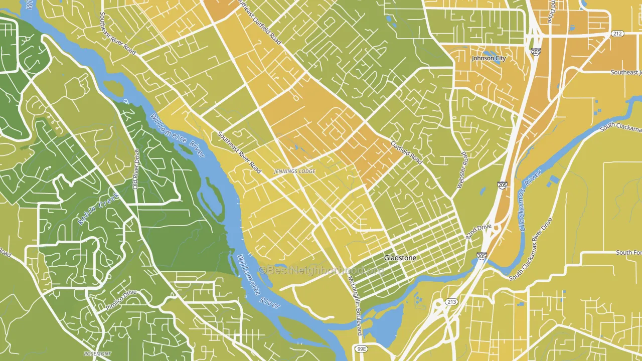 Map of the best neighborhoods in the Jennings Lodge, Portland area, with better matches in green and worse matches in red