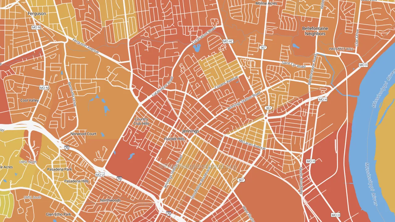 Map of the best neighborhoods in the Jennings area, with better matches in green and worse matches in red
