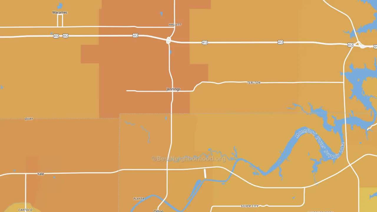 Map of the best neighborhoods in the Jennings area, with better matches in green and worse matches in red
