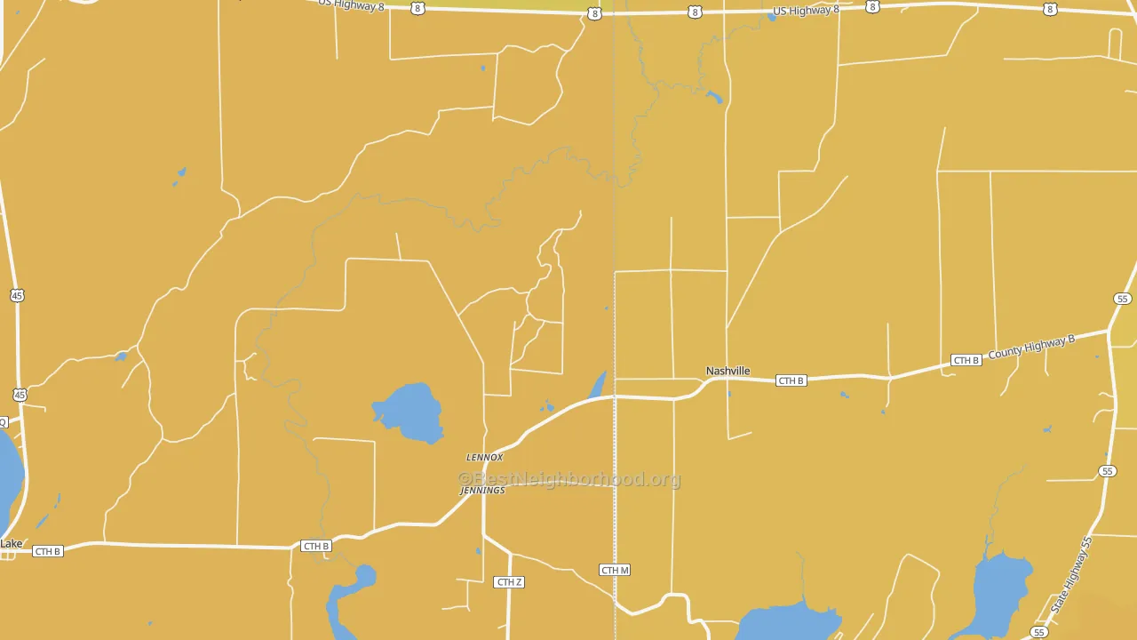 Map of the best neighborhoods in the Jennings area, with better matches in green and worse matches in red
