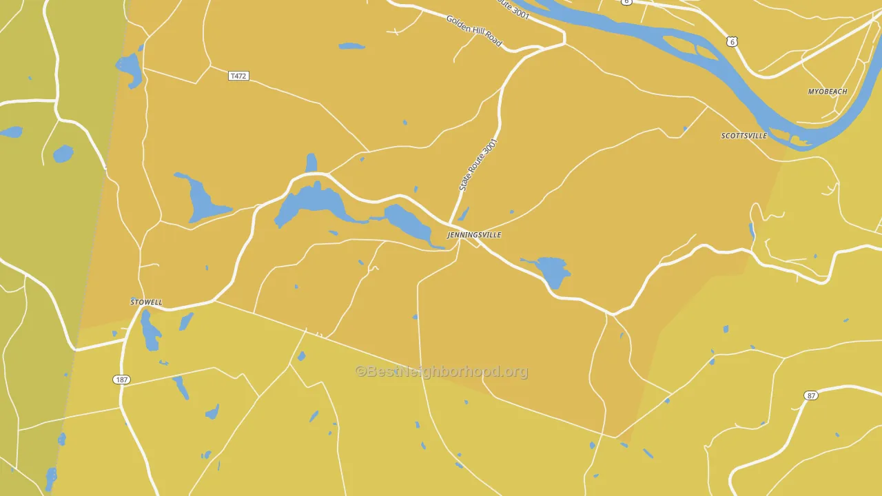 Map of the best neighborhoods in the Jenningsville area, with better matches in green and worse matches in red
