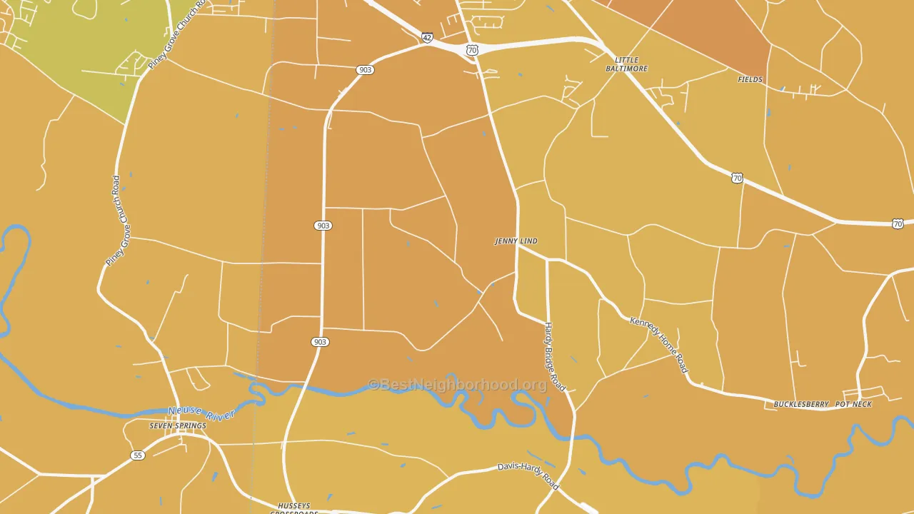 Map of the best neighborhoods in the Jenny Lind area, with better matches in green and worse matches in red