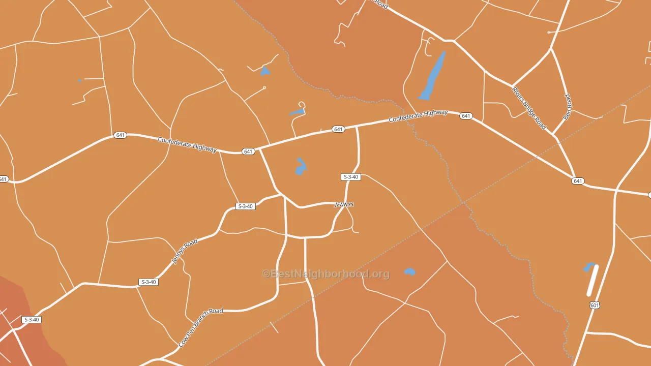 Map of the best neighborhoods in the Jennys area, with better matches in green and worse matches in red