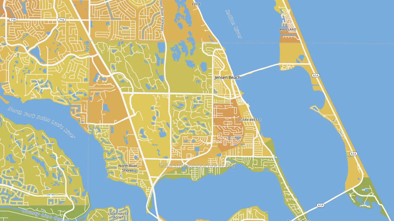 Map of the best neighborhoods in the Jensen Beach area, with better matches in green and worse matches in red
