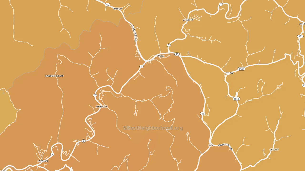 Map of the best neighborhoods in the Jeremiah area, with better matches in green and worse matches in red