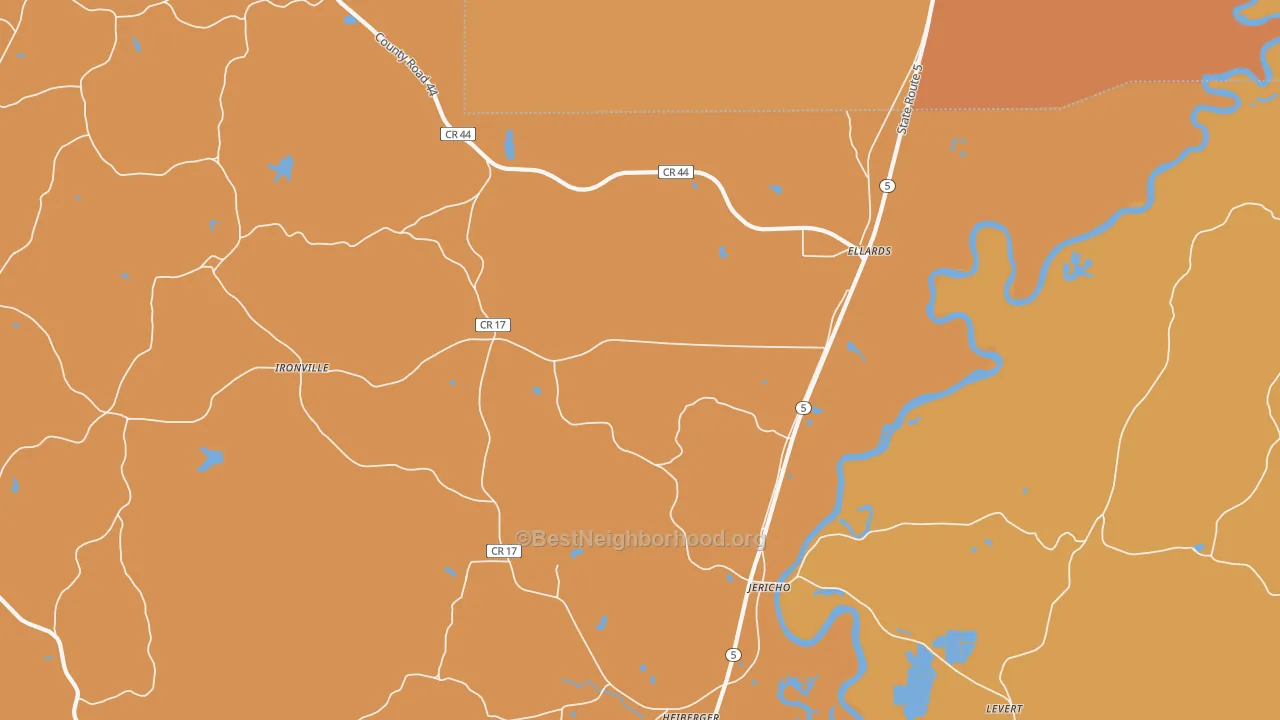 Map of the best neighborhoods in the Jericho area, with better matches in green and worse matches in red