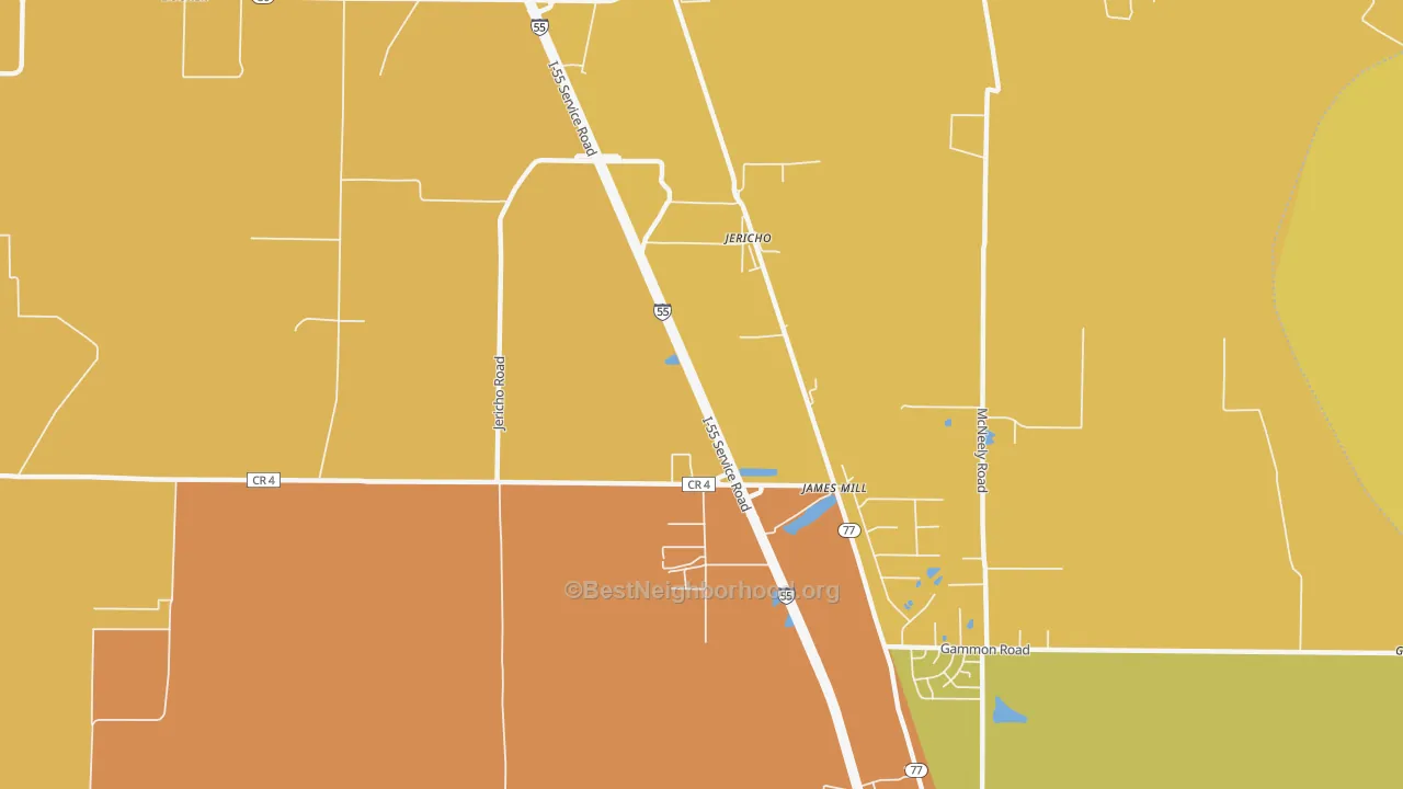 Map of the best neighborhoods in the Jericho area, with better matches in green and worse matches in red