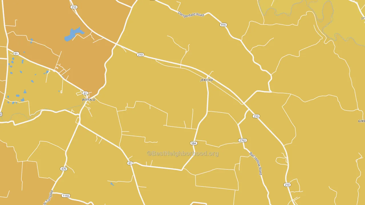 Map of the best neighborhoods in the Jericho area, with better matches in green and worse matches in red