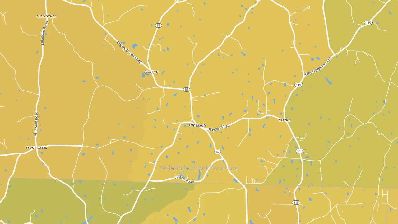 Map of the best neighborhoods in the Jericho area, with better matches in green and worse matches in red