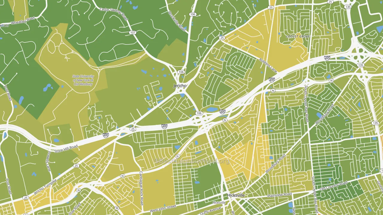 Map of the best neighborhoods in the Jericho area, with better matches in green and worse matches in red