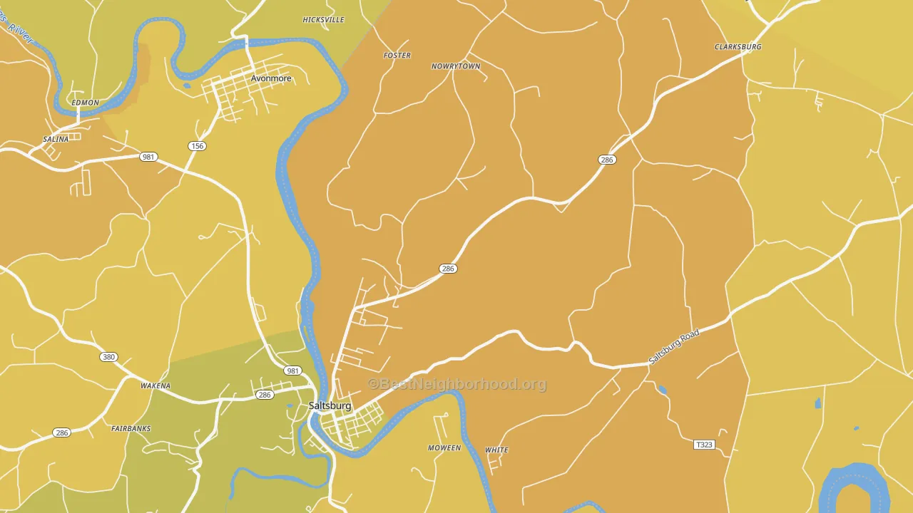 Map of the best neighborhoods in the Jericho area, with better matches in green and worse matches in red
