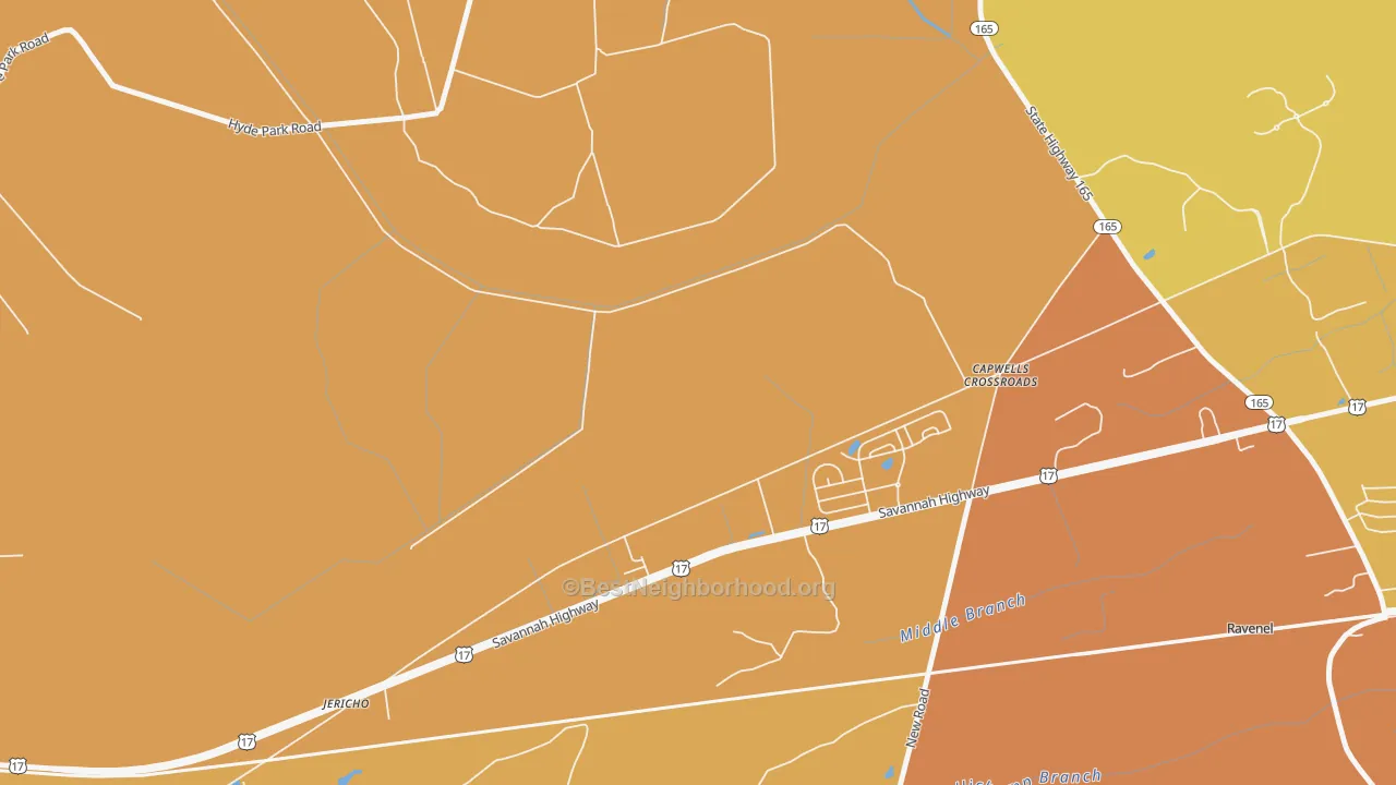 Map of the best neighborhoods in the Jericho area, with better matches in green and worse matches in red