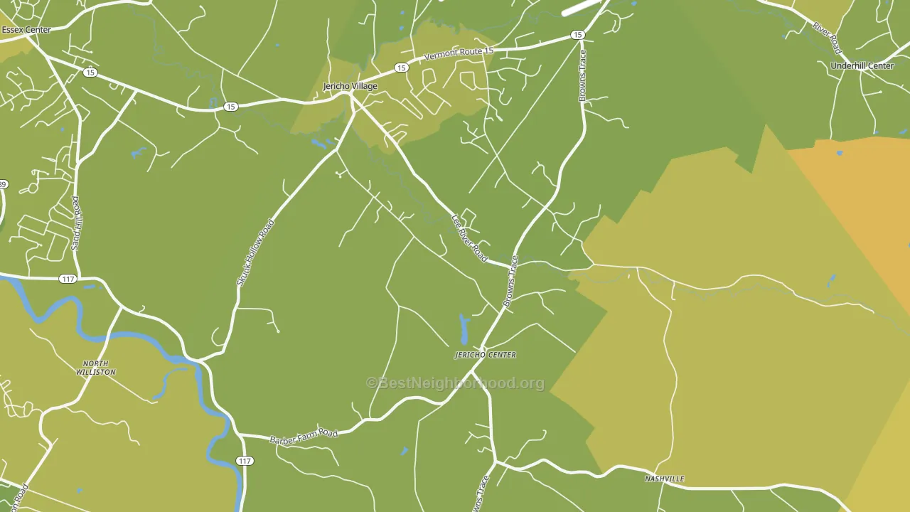 Map of the best neighborhoods in the Jericho area, with better matches in green and worse matches in red
