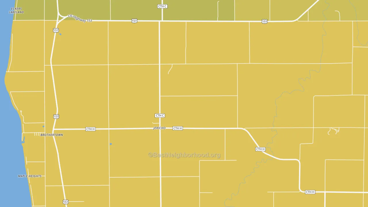 Map of the best neighborhoods in the Jericho area, with better matches in green and worse matches in red