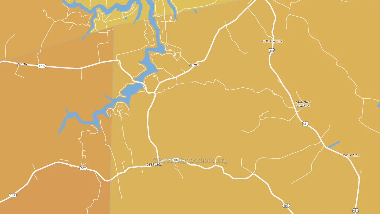 Map of the best neighborhoods in the Jerico area, with better matches in green and worse matches in red