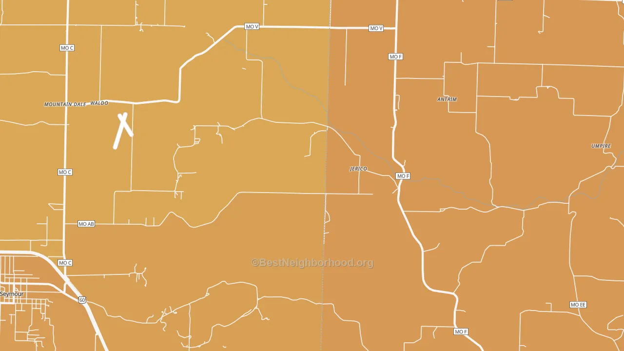 Map of the best neighborhoods in the Jerico area, with better matches in green and worse matches in red