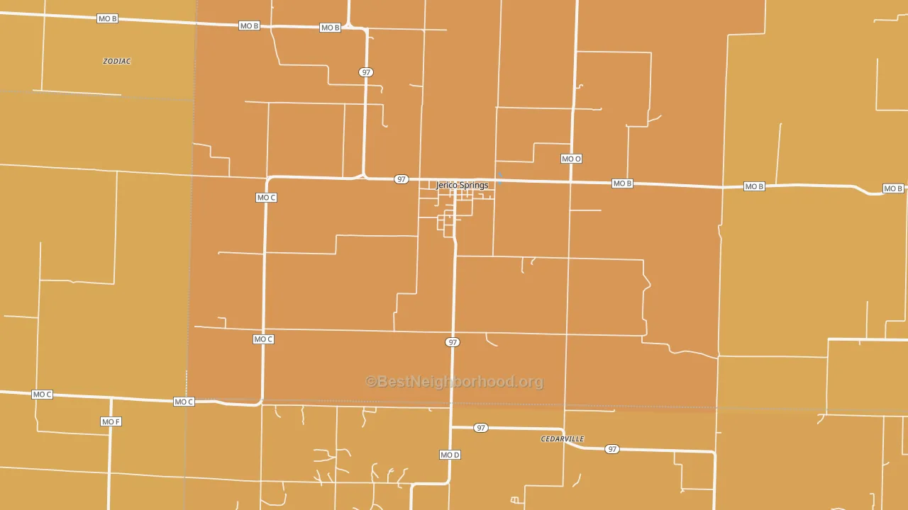 Map of the best neighborhoods in the Jerico Springs area, with better matches in green and worse matches in red