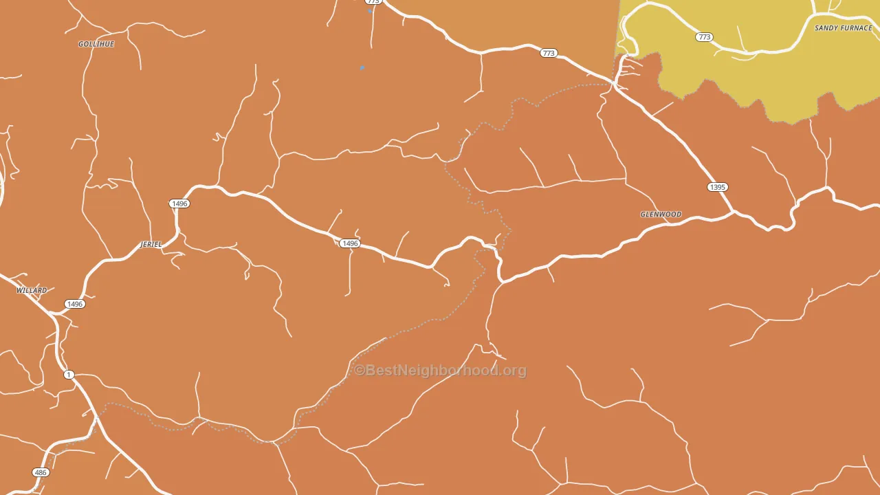 Map of the best neighborhoods in the Jeriel area, with better matches in green and worse matches in red