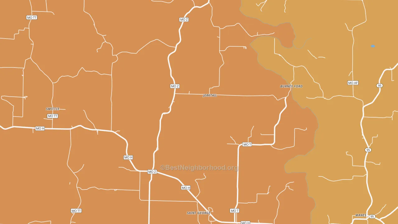 Map of the best neighborhoods in the Jerktail area, with better matches in green and worse matches in red