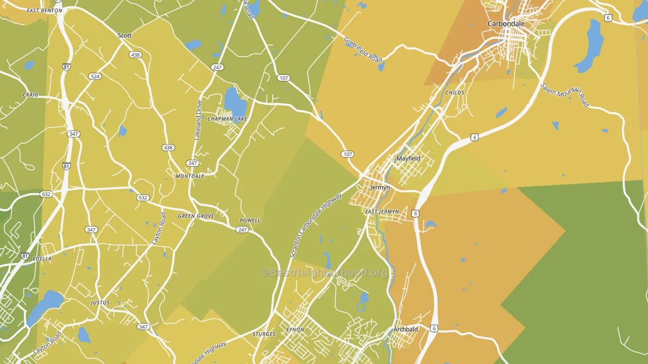 Map of the best neighborhoods in the Jermyn area, with better matches in green and worse matches in red