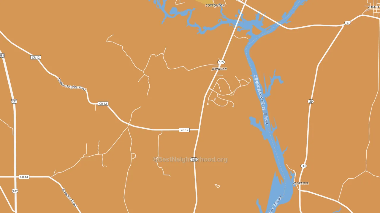 Map of the best neighborhoods in the Jernigan area, with better matches in green and worse matches in red
