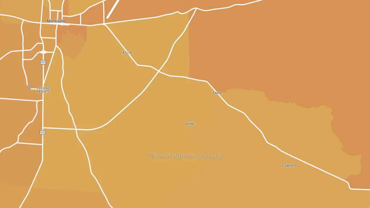 Map of the best neighborhoods in the Jerome area, with better matches in green and worse matches in red