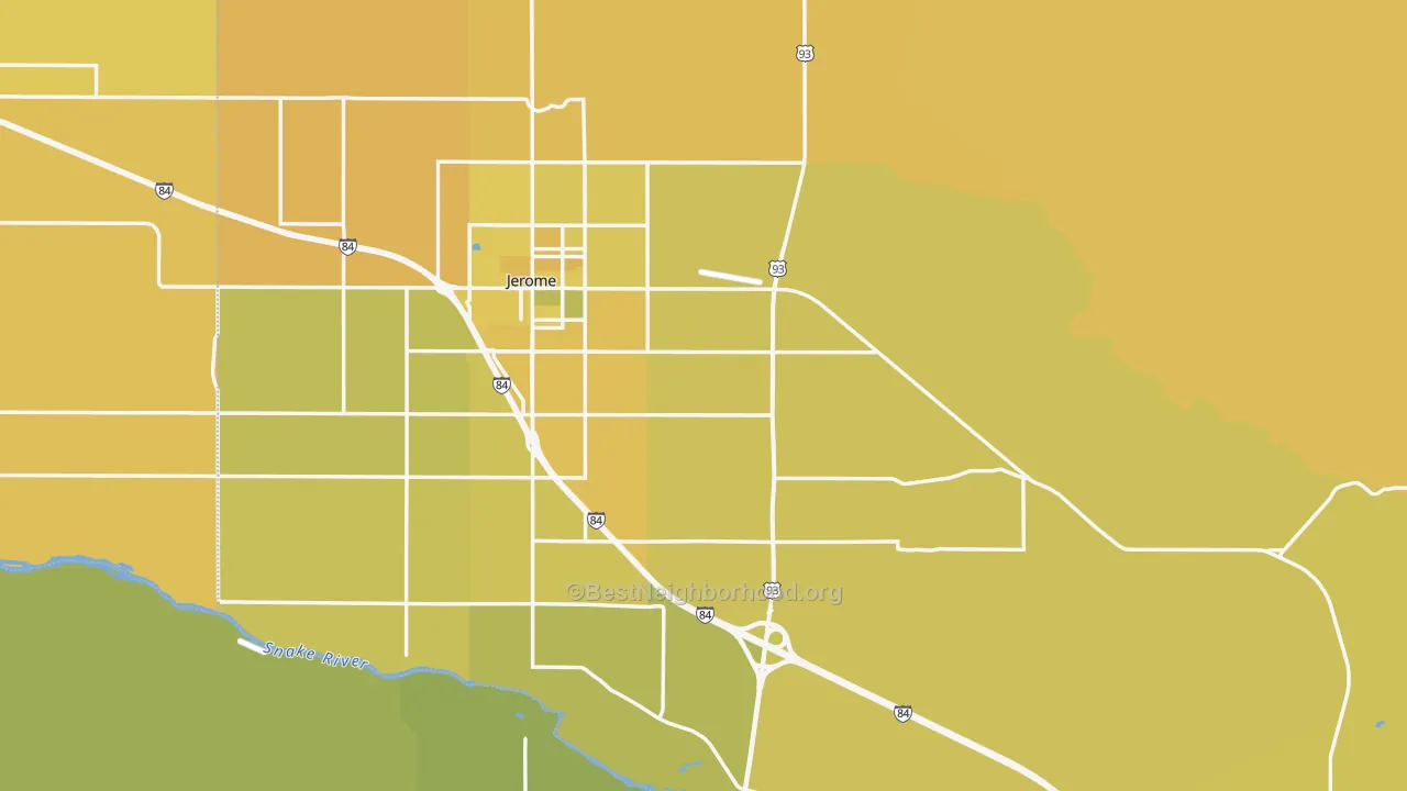 Map of the best neighborhoods in the Jerome County area, with better matches in green and worse matches in red
