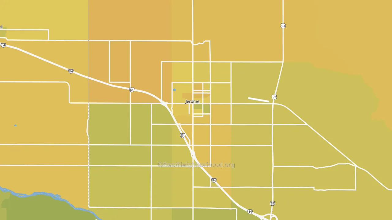 Map of the best neighborhoods in the Jerome area, with better matches in green and worse matches in red