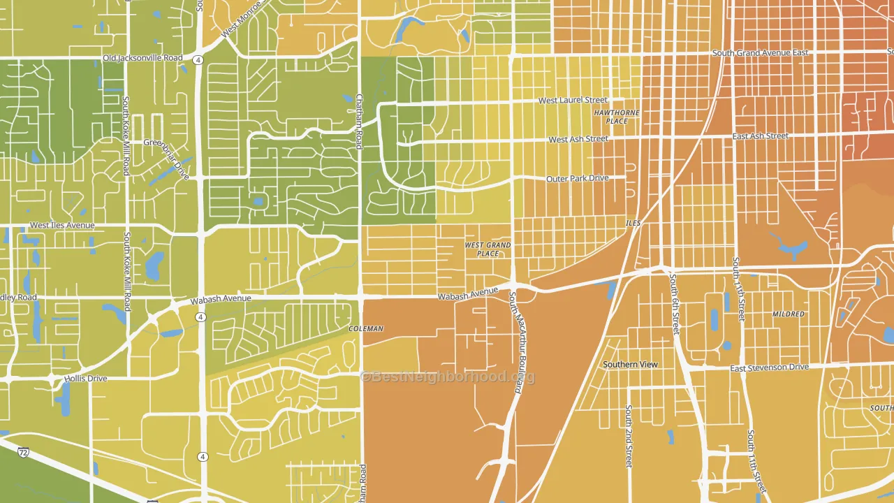 Map of the best neighborhoods in the Jerome area, with better matches in green and worse matches in red