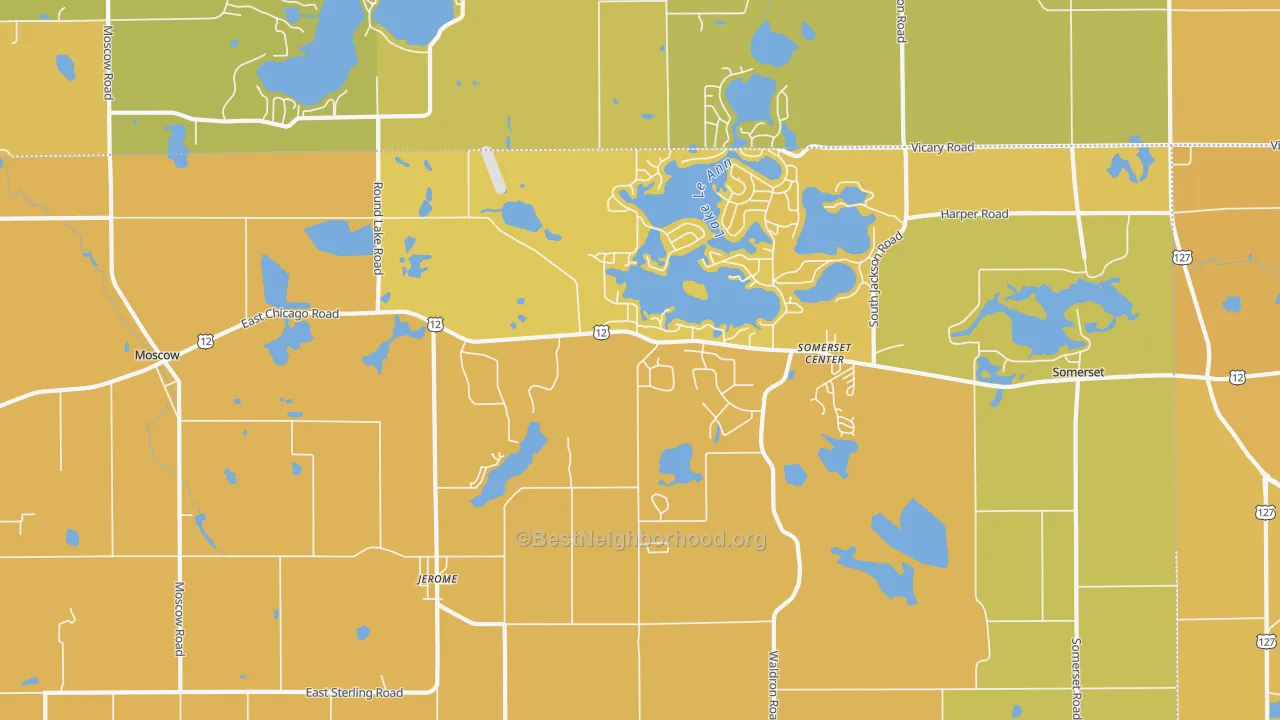 Map of the best neighborhoods in the Jerome area, with better matches in green and worse matches in red