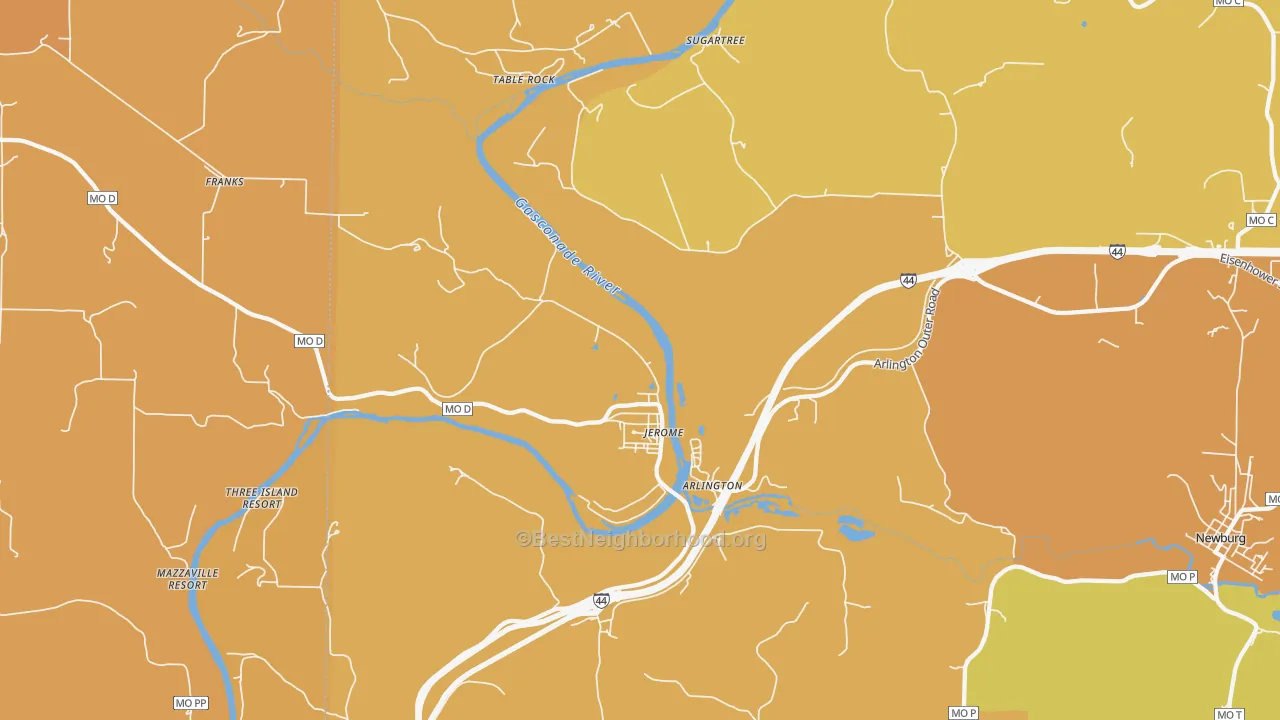 Map of the best neighborhoods in the Jerome area, with better matches in green and worse matches in red