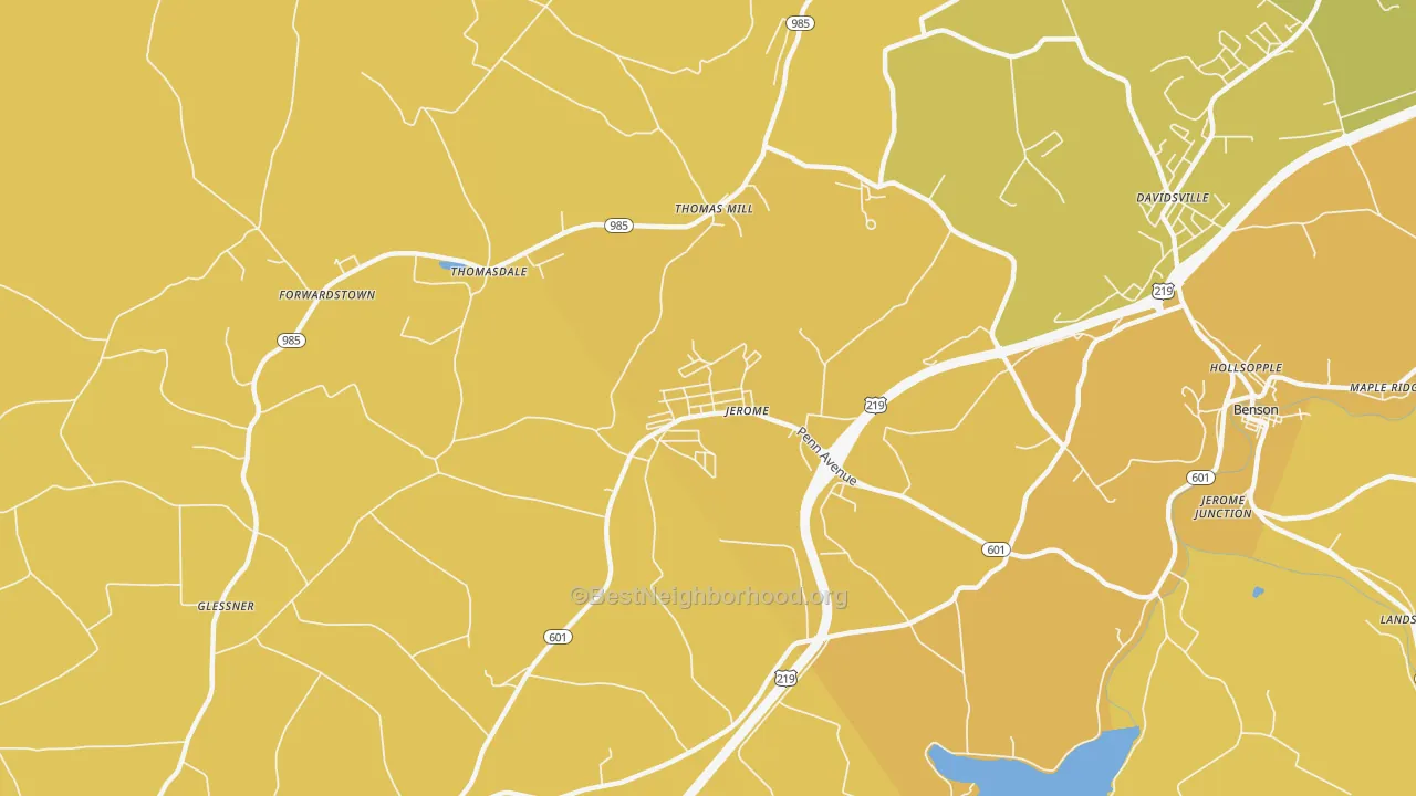 Map of the best neighborhoods in the Jerome area, with better matches in green and worse matches in red