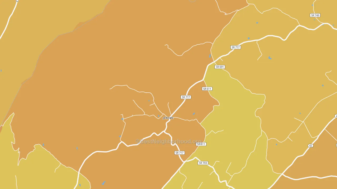 Map of the best neighborhoods in the Jerome area, with better matches in green and worse matches in red