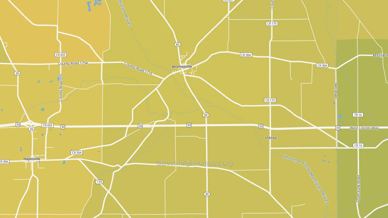 Map of the best neighborhoods in the Jeromesville area, with better matches in green and worse matches in red