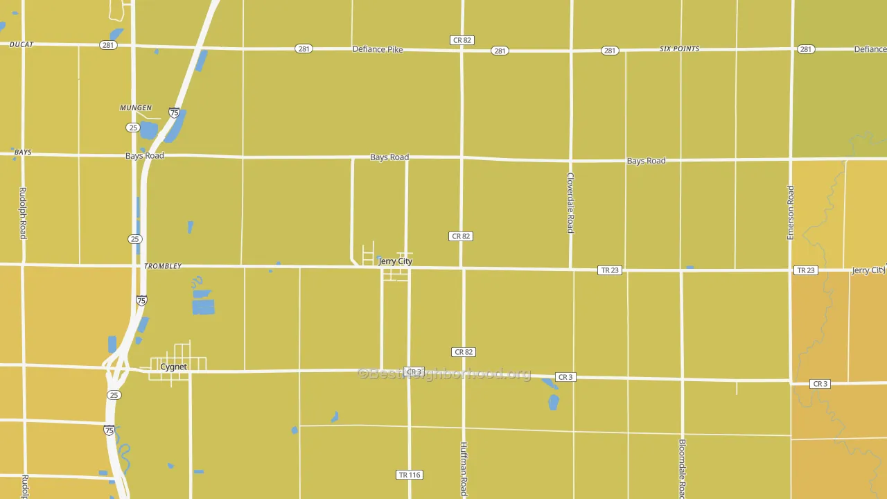 Map of the best neighborhoods in the Jerry City area, with better matches in green and worse matches in red