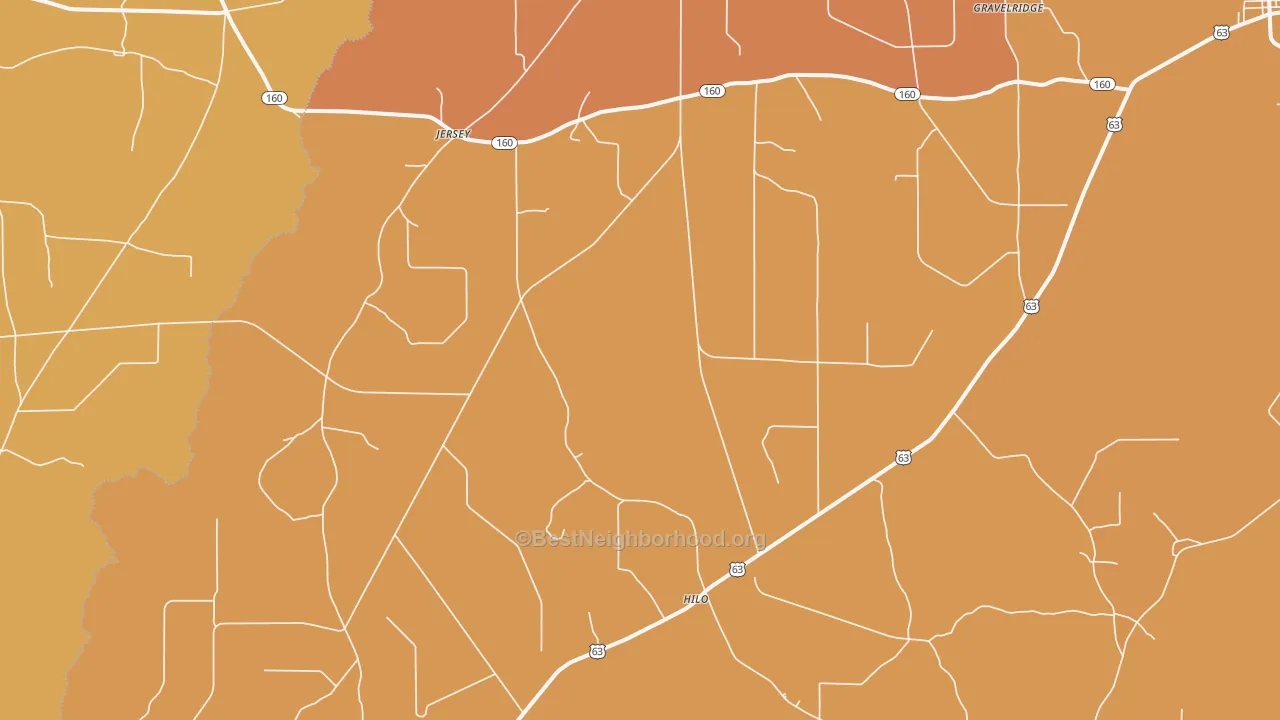 Map of the best neighborhoods in the Jersey area, with better matches in green and worse matches in red
