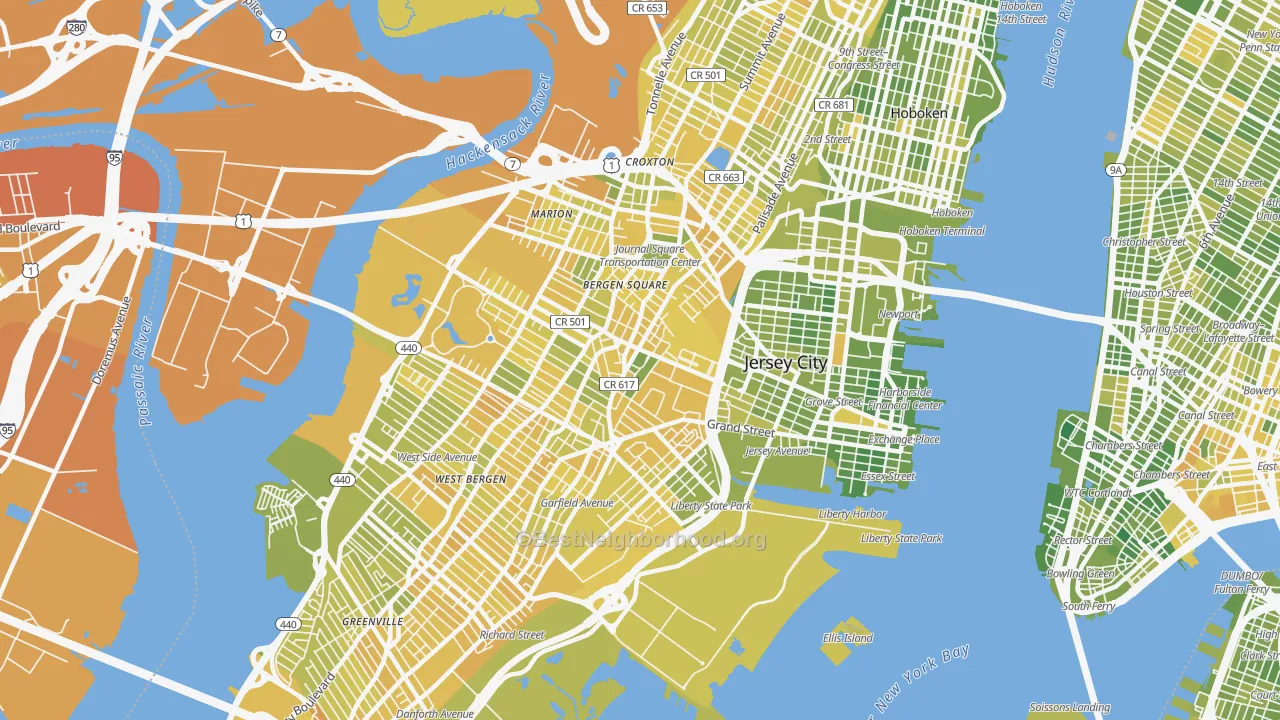 Map of the best neighborhoods in the Jersey City area, with better matches in green and worse matches in red