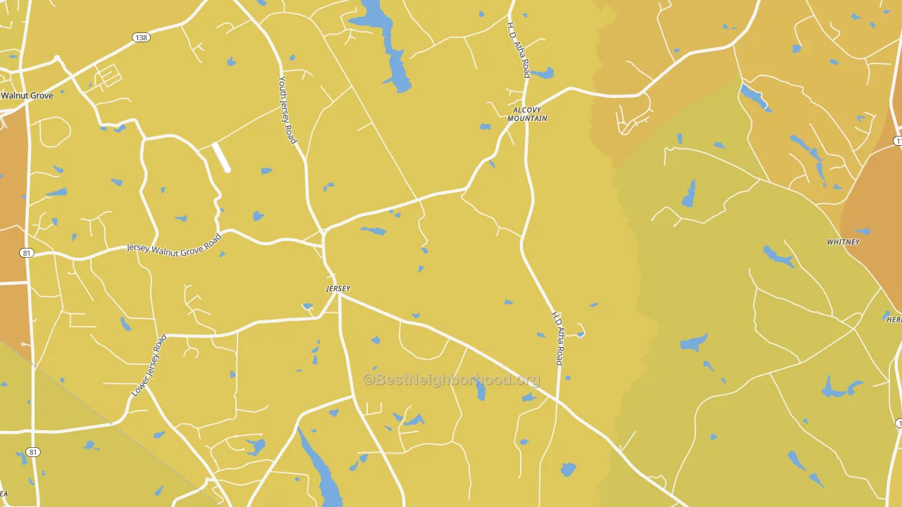 Map of the best neighborhoods in the Jersey area, with better matches in green and worse matches in red