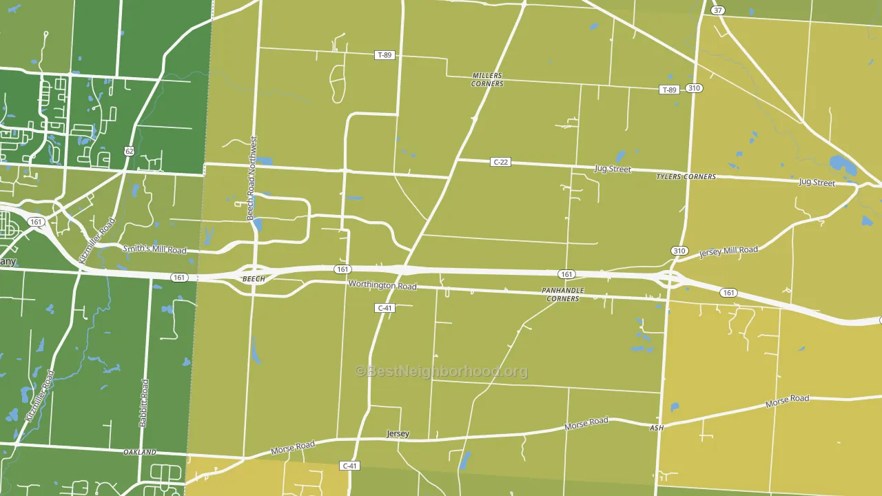 Map of the best neighborhoods in the Jersey area, with better matches in green and worse matches in red