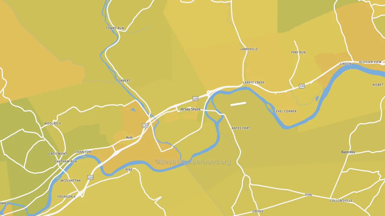 Map of the best neighborhoods in the Jersey Shore area, with better matches in green and worse matches in red