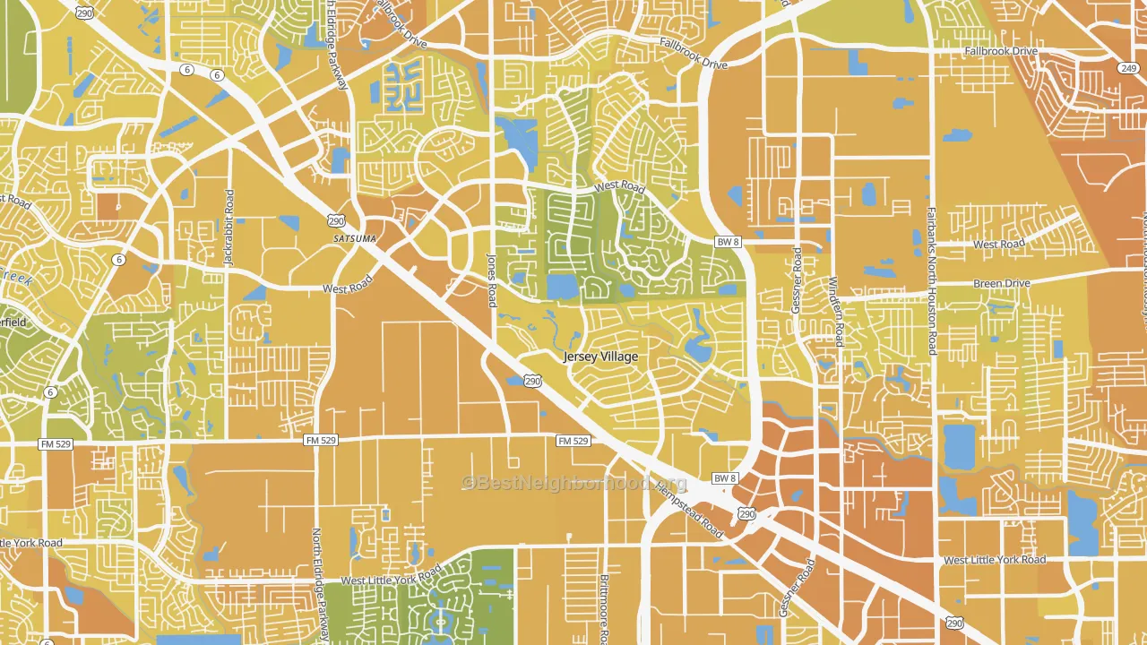 Map of the best neighborhoods in the Jersey Village area, with better matches in green and worse matches in red