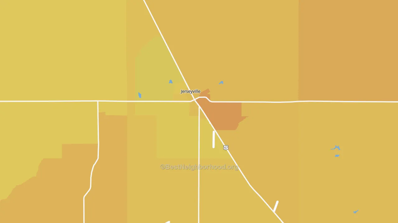 Map of the best neighborhoods in the Jerseyville area, with better matches in green and worse matches in red