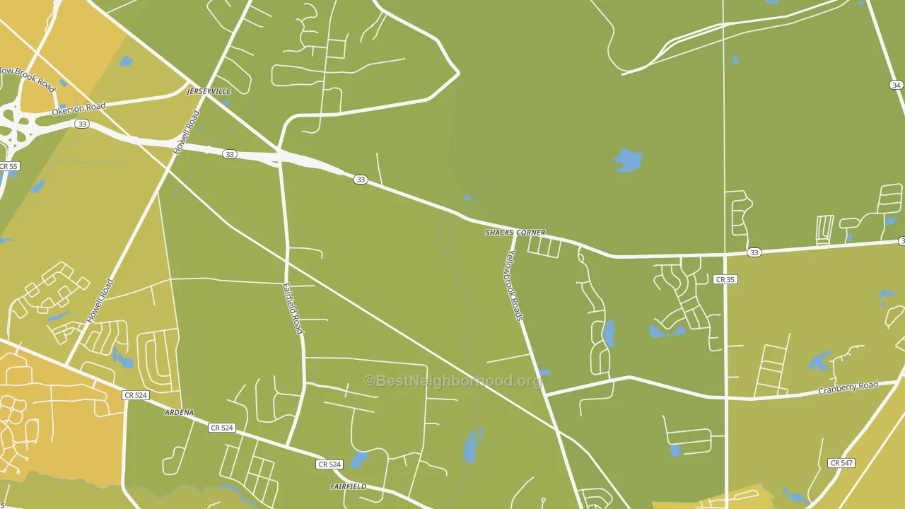 Map of the best neighborhoods in the Jerseyville area, with better matches in green and worse matches in red