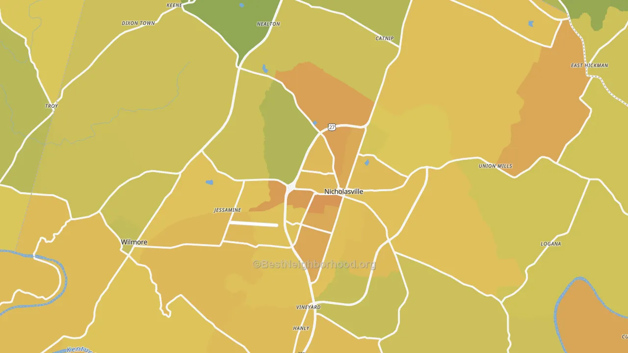 Map of the best neighborhoods in the Jessamine County area, with better matches in green and worse matches in red